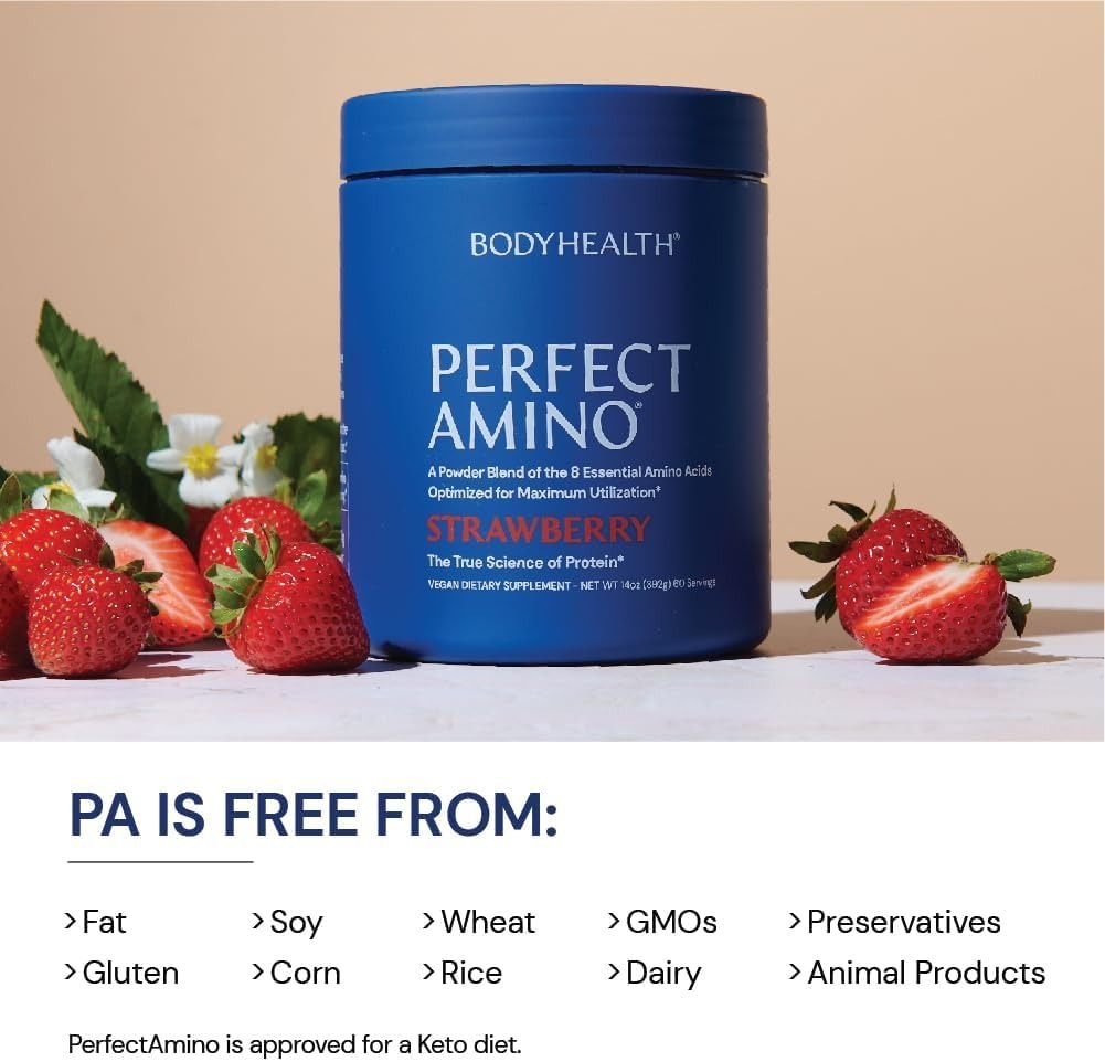 BodyHealth PerfectAmino Powder - BCAA and EAA Powder for Pre and Post Workout - Amino Acid Energy Drink for Men and Women to Support Lean Muscle and Recovery - Strawberry
